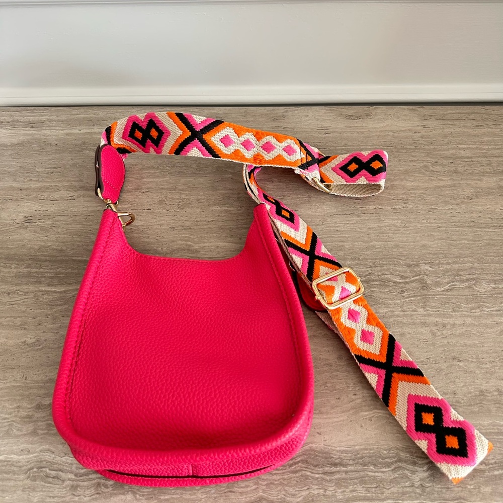New Vibrant Pink Crossbody Bag with beautiful Patterned adjustable Strap.